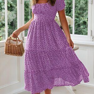 Women's Spring Summer Casual Cute Boho Floral Print Long Midi Dress- Purple